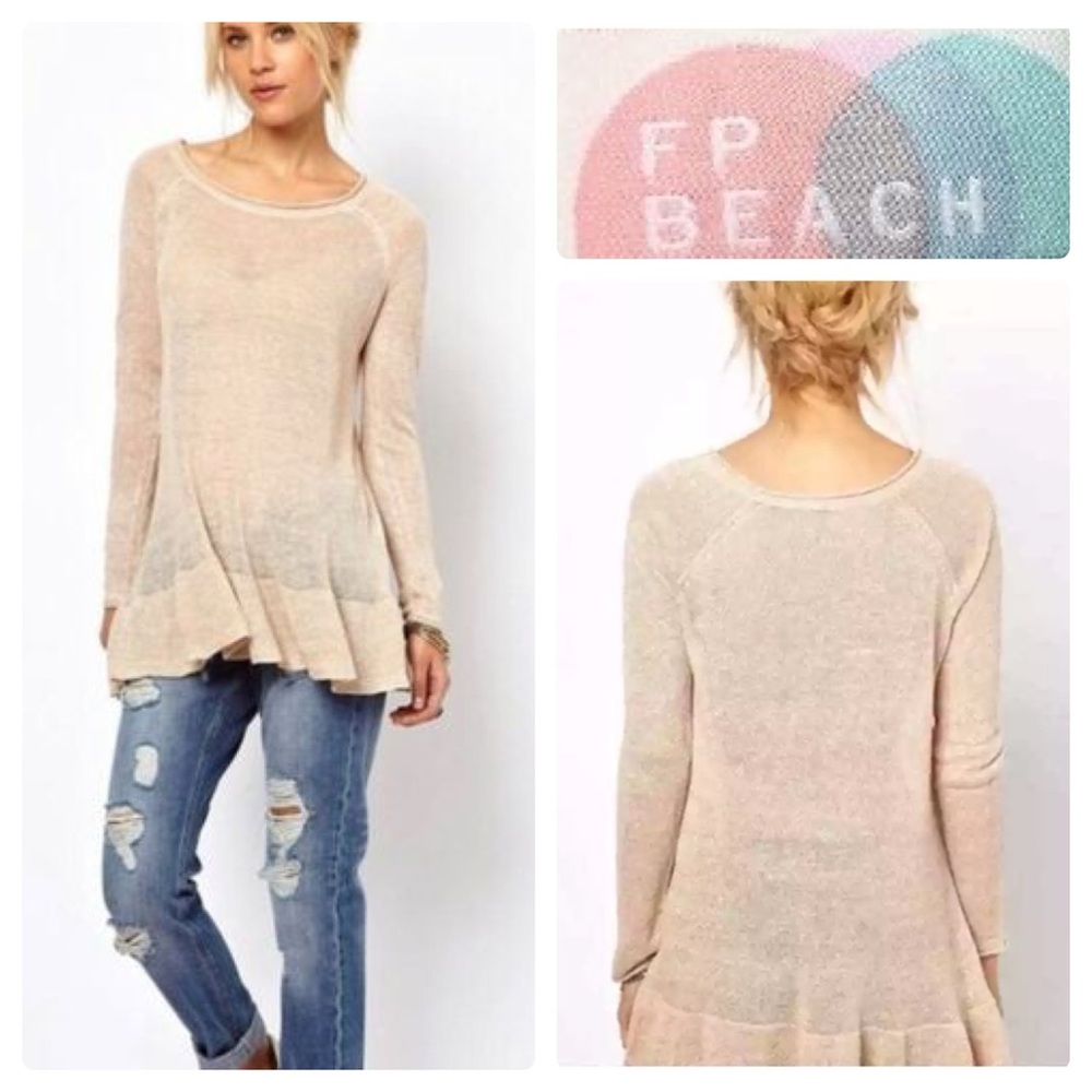 Free People Beach 100% Linen Sheer Sweater in Tan